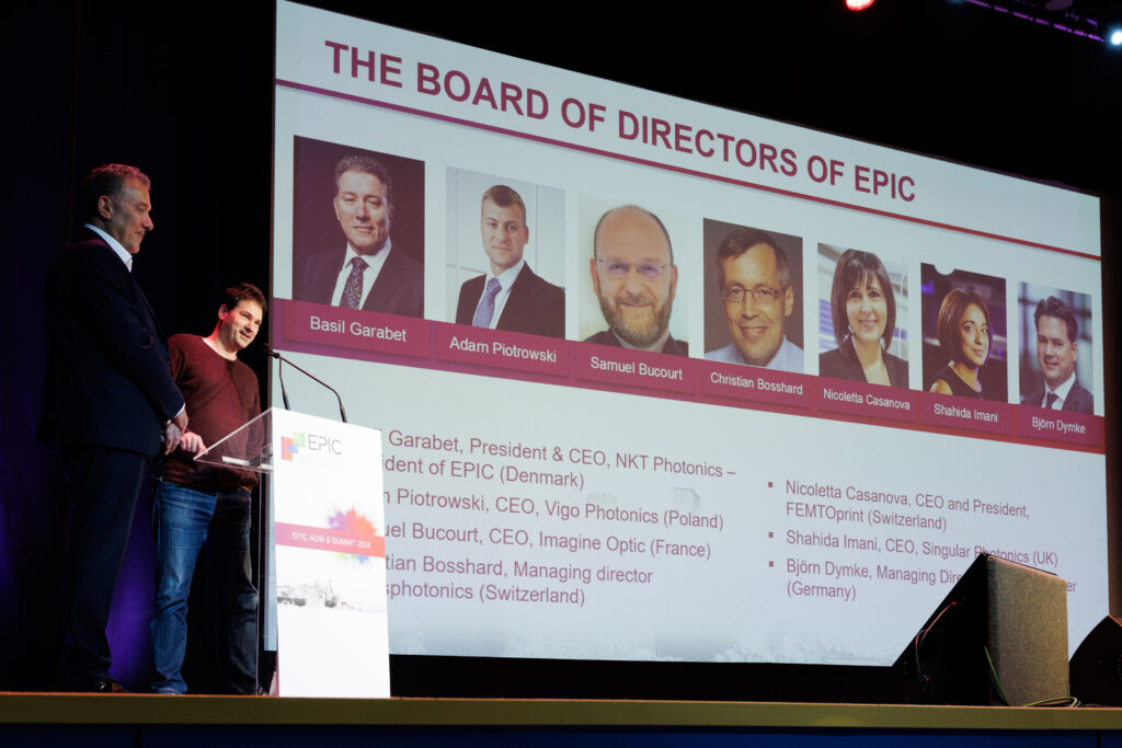 EPIC is owned by its members and managed by the Board of Directors. With the addition of Björn Dymke, this is the new configuration of the Board of Directors:

Basil Garabet, President & CEO, NKT Photonics – President of EPIC (Denmark)
Adam Piotrowski, CEO, Vigo Photonics (Poland)
Samuel Bucourt, CEO, Imagine Optic (France)
Christian Bosshard, Managing director Swissphotonics (Switzerland)
Nicoletta Casanova, CEO and President, FEMTOprint (Switzerland)
Shahida Imani, CEO, Singular Photonics (UK)
Björn Dymke, Managing Director, TRUMPF Laser (Germany)

